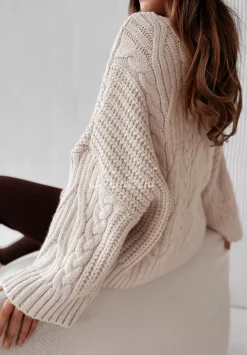 Ozdobnie Pleciony Sweter Oversize Cocomore Nicco Bezowy