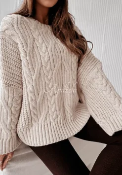 Ozdobnie Pleciony Sweter Oversize Cocomore Nicco Bezowy