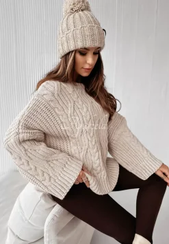 Ozdobnie Pleciony Sweter Oversize Cocomore Nicco Bezowy