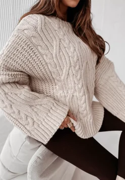 Ozdobnie Pleciony Sweter Oversize Cocomore Nicco Bezowy