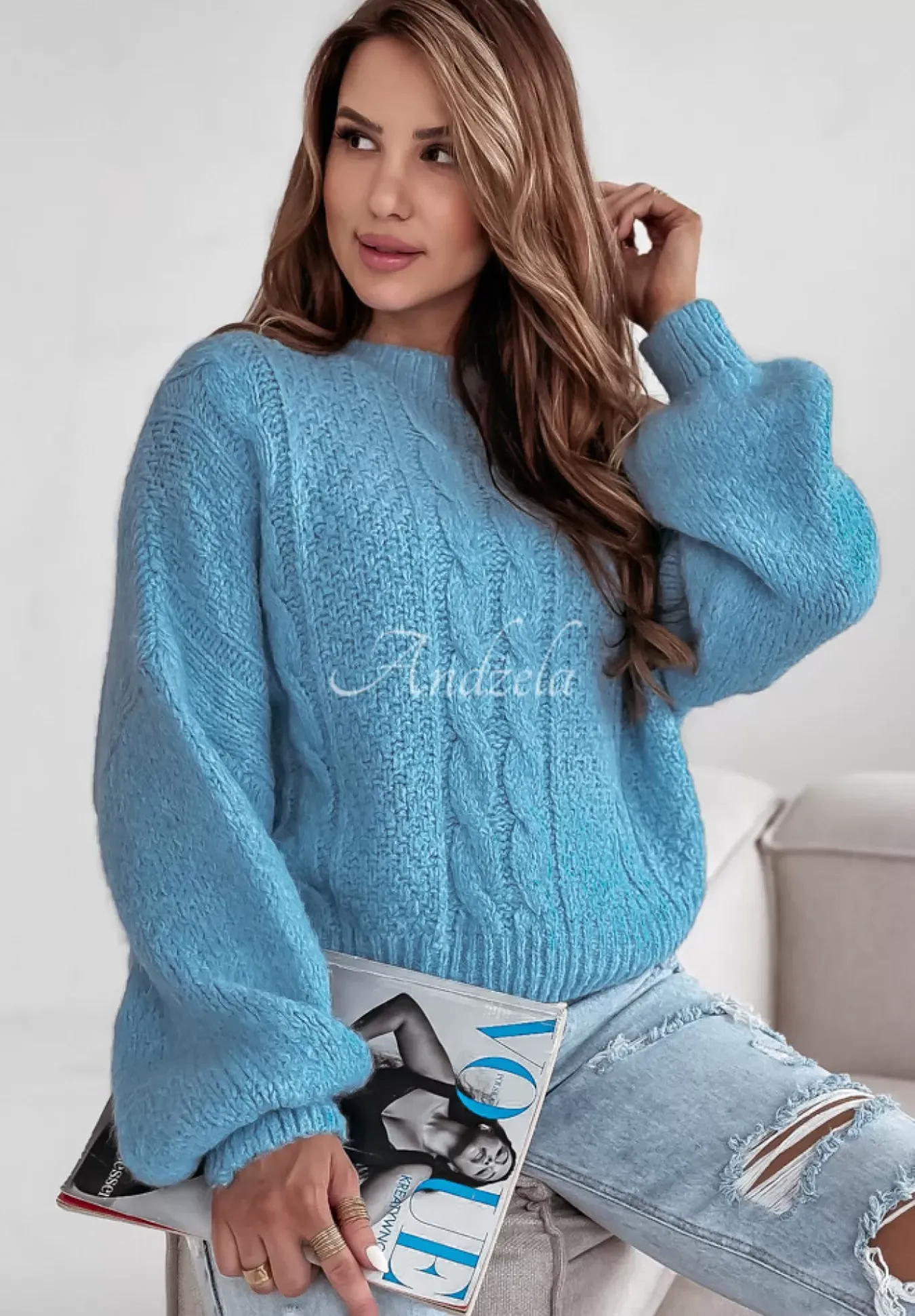 Ozdobnie Pleciony Sweter Oversize Aravis Blekitny