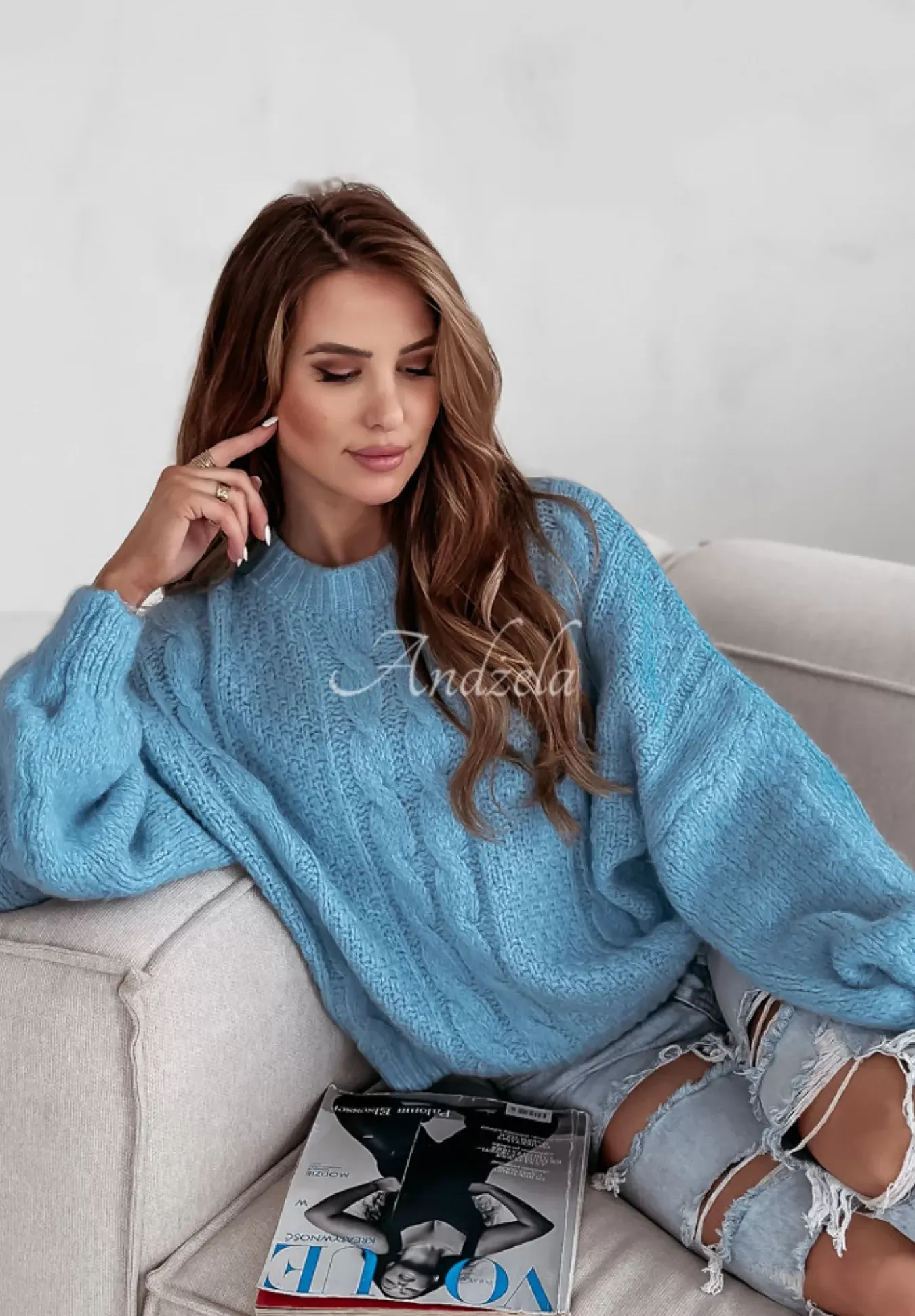 Ozdobnie Pleciony Sweter Oversize Aravis Blekitny