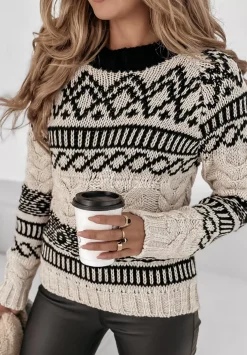 Ozdobnie Pleciony Sweter We Wzory Cozy Chill Bezowo-Czarny