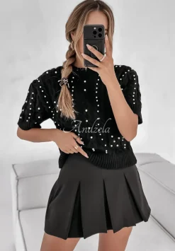 Ozdobnie Pleciony Sweter Z Perelkami Autumn Aura Czarny