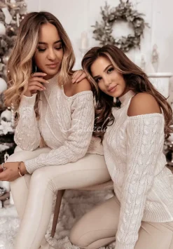Ozdobnie Pleciony Sweter Z Odkrytymi Ramionami Aurori Bezowy
