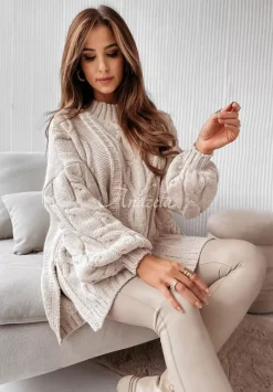 Ozdobnie Pleciony Sweter Oversize Cocomore Vivaldo Bezowy