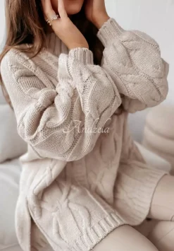 Ozdobnie Pleciony Sweter Oversize Cocomore Vivaldo Bezowy