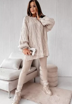 Ozdobnie Pleciony Sweter Oversize Cocomore Vivaldo Bezowy