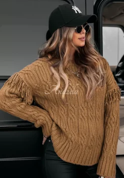 Ozdobnie Pleciony Sweter Sweet Honey Camelowy