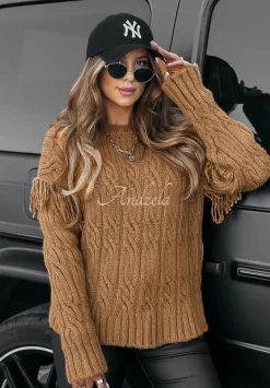 Ozdobnie Pleciony Sweter Sweet Honey Camelowy