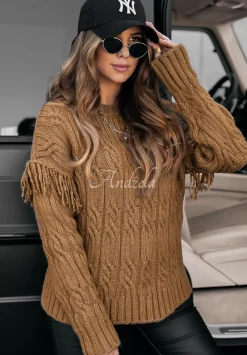 Ozdobnie Pleciony Sweter Sweet Honey Camelowy