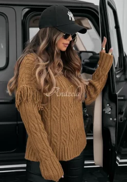 Ozdobnie Pleciony Sweter Sweet Honey Camelowy