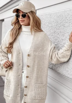 Ozdobnie Pleciony Zapinany Kardigan Burgundy Lipstick Bezowy