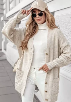 Ozdobnie Pleciony Zapinany Kardigan Burgundy Lipstick Bezowy