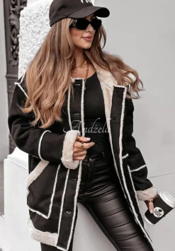 Plaszcz Z Imitacji Zamszu Z Futerkiem Icy Elegance Czarny
