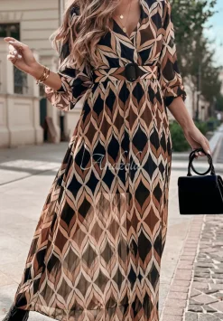 Plisowana Sukienka Maxi We Wzory Kristine Czarno-Camelowa