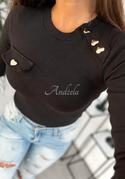 Prazkowana Bluzka Z Ozdobnymi Guzikami Amazing Date Czarna