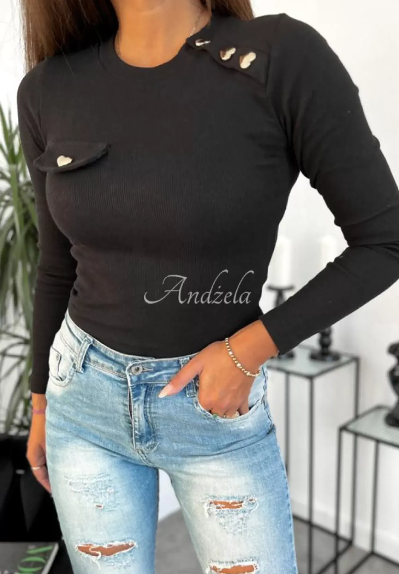 Prazkowana Bluzka Z Ozdobnymi Guzikami Amazing Date Czarna