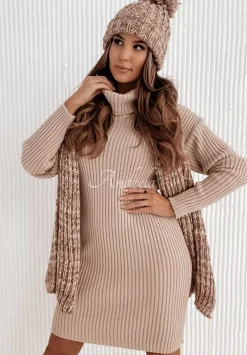 Prazkowana Sukienka Sweter Z Golfem Marisol Bezowa