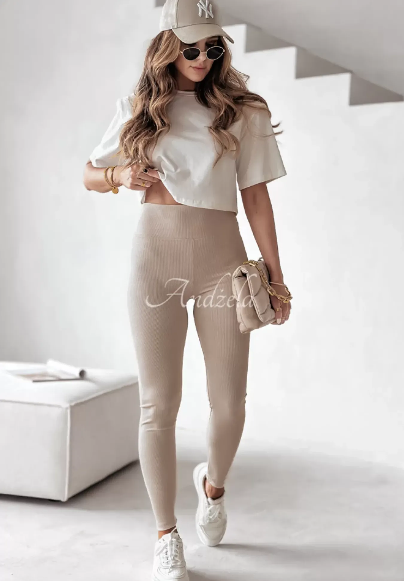 Prazkowane Legginsy Chic Essentials Bezowe