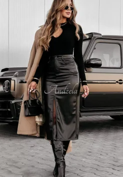 Spodnica Z Imitacji Skory Z Rozcieciem Empower Elegance Czarna