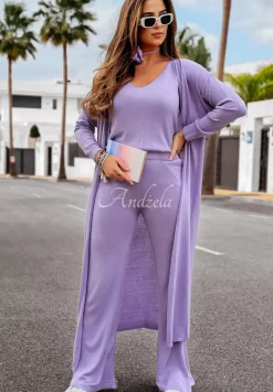 Spodnie Dzianinowe Wide Leg Back To Basics Liliowe