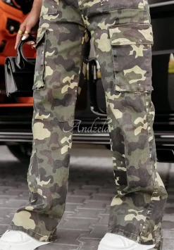 Spodnie Jeansowe We Wzor Moro Glover Khaki