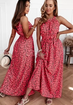 Sukienka Maxi We Wzory Salvadori Neonowy Rozowy
