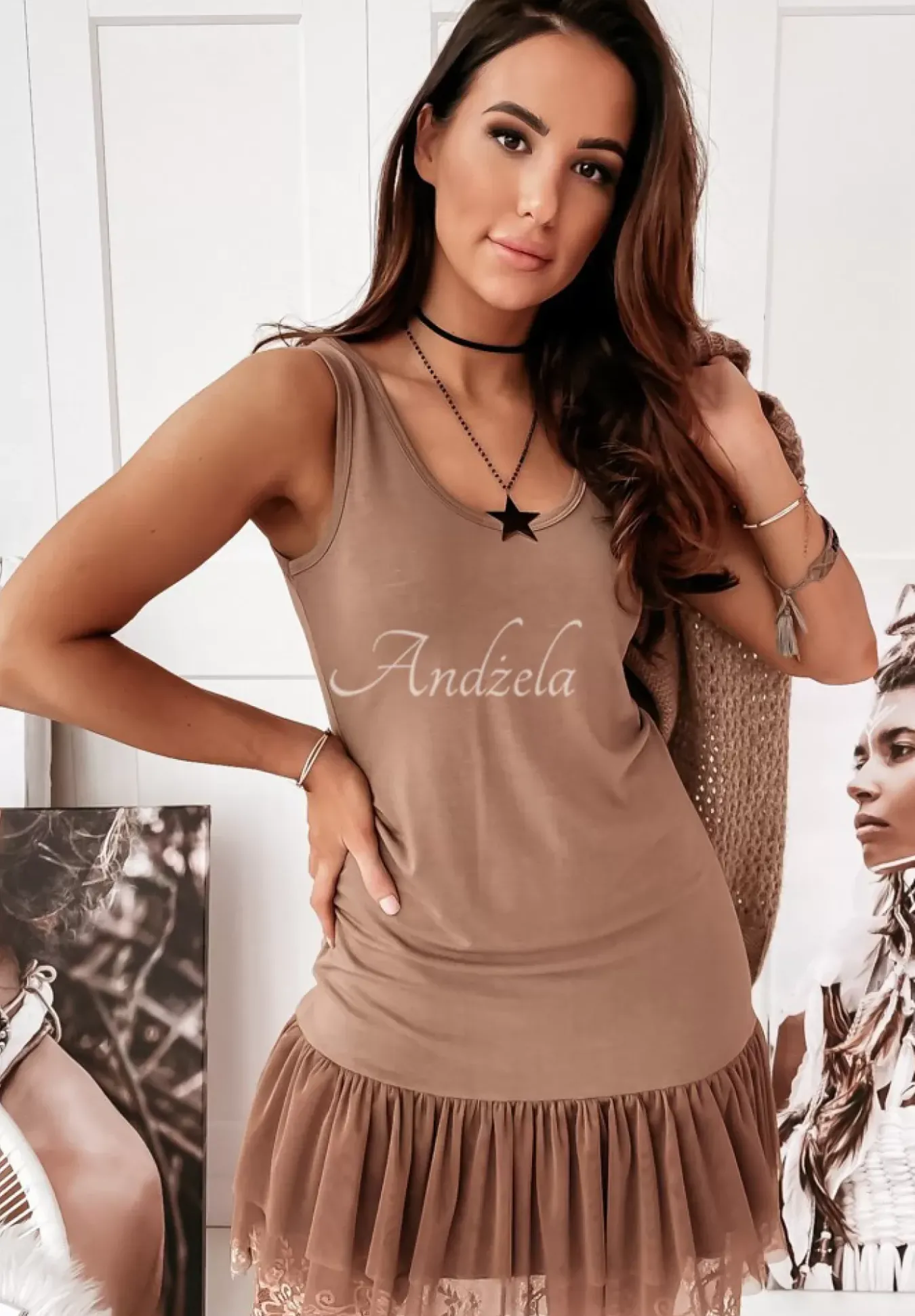 Sukienka Tunika Mini Z Tiulem Poppy Camelowa