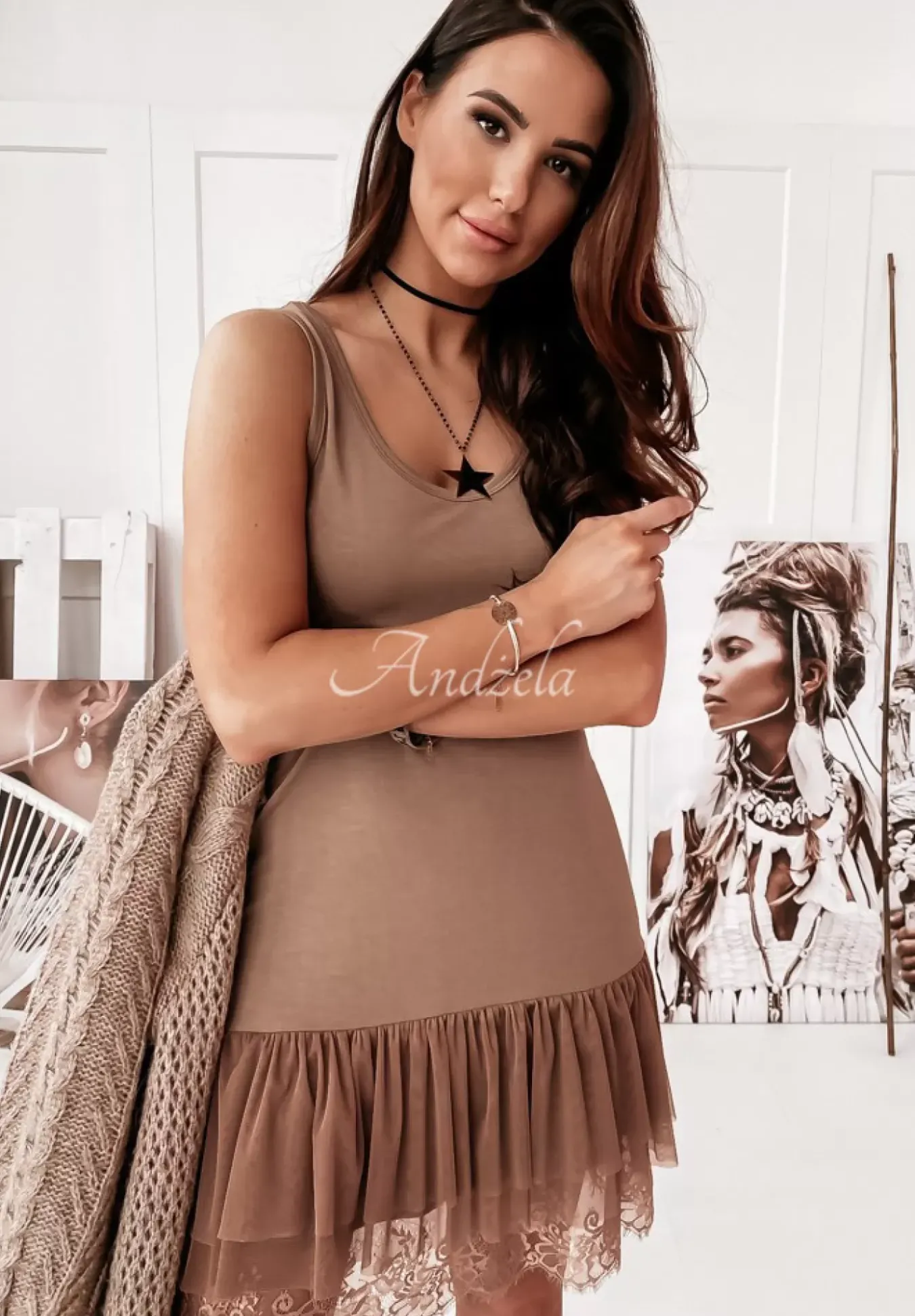 Sukienka Tunika Mini Z Tiulem Poppy Camelowa