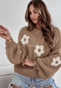 Sweter Oversize W Kwiaty Be My Flower Camelowy