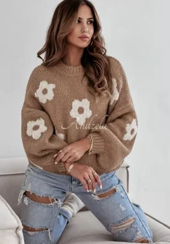 Sweter Oversize W Kwiaty Be My Flower Camelowy