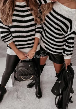 Sweter Oversize W Paski Emberly Czarno-Bialy