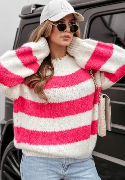 Sweter Oversize W Paski Luciano Rozowy