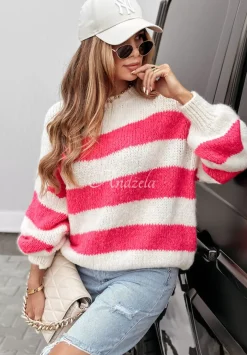 Sweter Oversize W Paski Luciano Rozowy