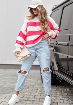 Sweter Oversize W Paski Luciano Rozowy
