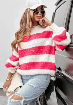 Sweter Oversize W Paski Luciano Rozowy