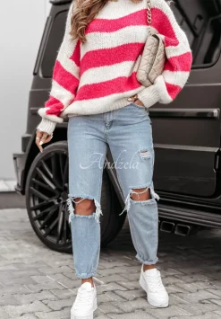 Sweter Oversize W Paski Luciano Rozowy