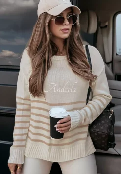 Sweter Oversize W Paski Mellow Time Bezowy