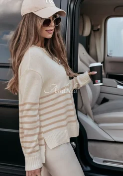 Sweter Oversize W Paski Mellow Time Bezowy