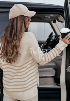 Sweter Oversize W Paski Mellow Time Bezowy