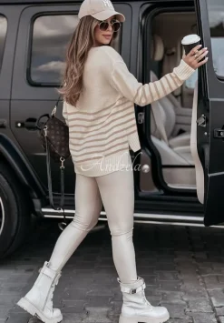 Sweter Oversize W Paski Mellow Time Bezowy