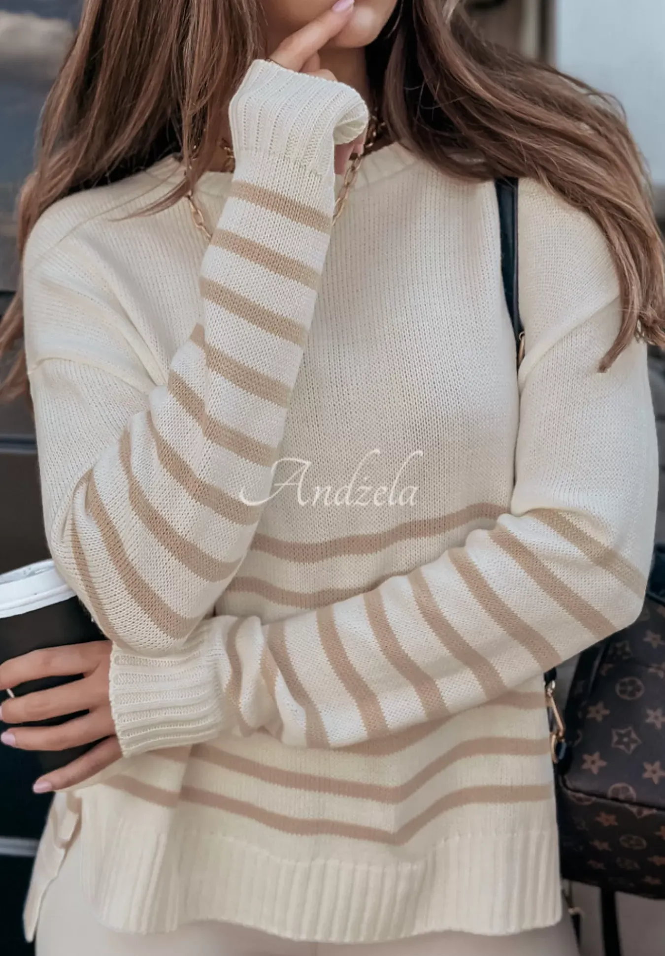 Sweter Oversize W Paski Mellow Time Bezowy