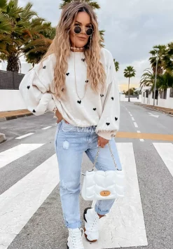 Sweter Oversize W Serduszka Show Me Love Bezowo-Czarny