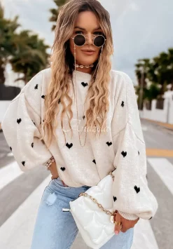 Sweter Oversize W Serduszka Show Me Love Bezowo-Czarny