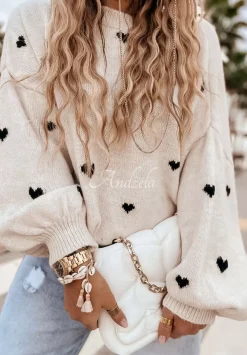 Sweter Oversize W Serduszka Show Me Love Bezowo-Czarny