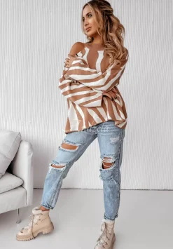 Sweter Oversize W Zebre Savania Camelowo-Bialy