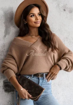 Sweter Oversize Z Dekoltem Cocomore Marshmallow Touch Camelowy