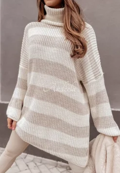Sweter Oversize Z Golfem W Paski Bernard Bezowy
