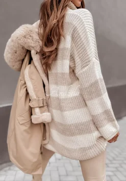 Sweter Oversize Z Golfem W Paski Bernard Bezowy